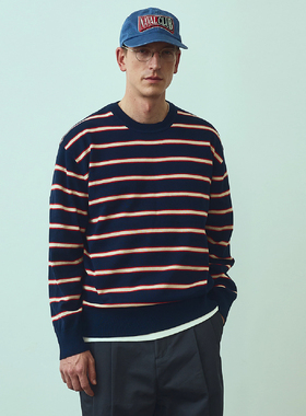 0130秋冬款Albert Explorer藏青色条纹拼色男士时尚休闲针织衫