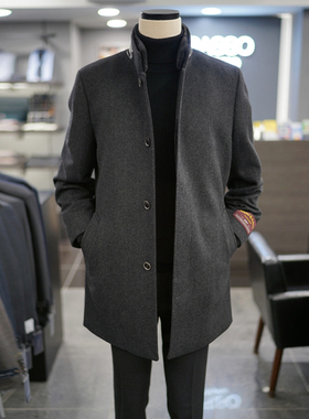 0301冬BASSO黑色可拆卸麝鼠毛领子+兔毛内里羊毛中长款毛呢大衣Q