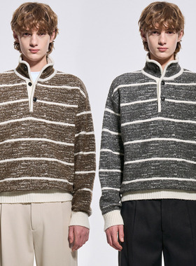 2025冬韩国代购SYSTEM HOMME韩版立领套头条纹羊毛针织衫毛衣男Q