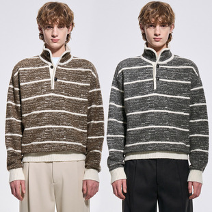 立领套头条纹羊毛针织衫 HOMME韩版 毛衣男Q SYSTEM 2025冬韩国代购