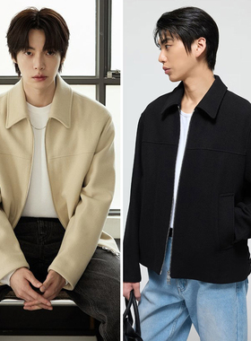 0101秋款TNGT乳白色黑色翻领羊毛混纺双向拉链短款毛呢夹克