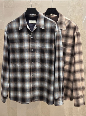 2025年秋季新款TIME HOMME韩国代购高端男装天蓝色格纹长袖衬衫Q