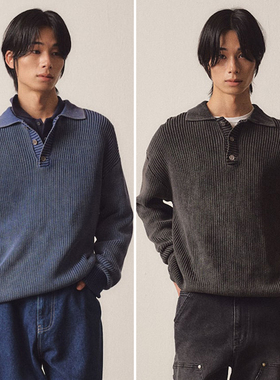 0301秋冬款EZIO蓝色黑色翻领套头纯棉复古休闲长袖针织POLO衫