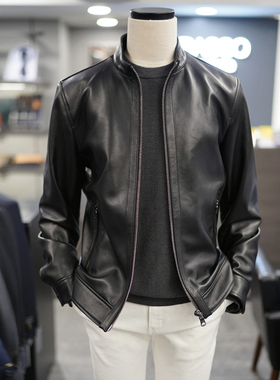 0130春装BASSO黑色纯色微亮面天然羊皮短款立领休闲真皮夹克男士