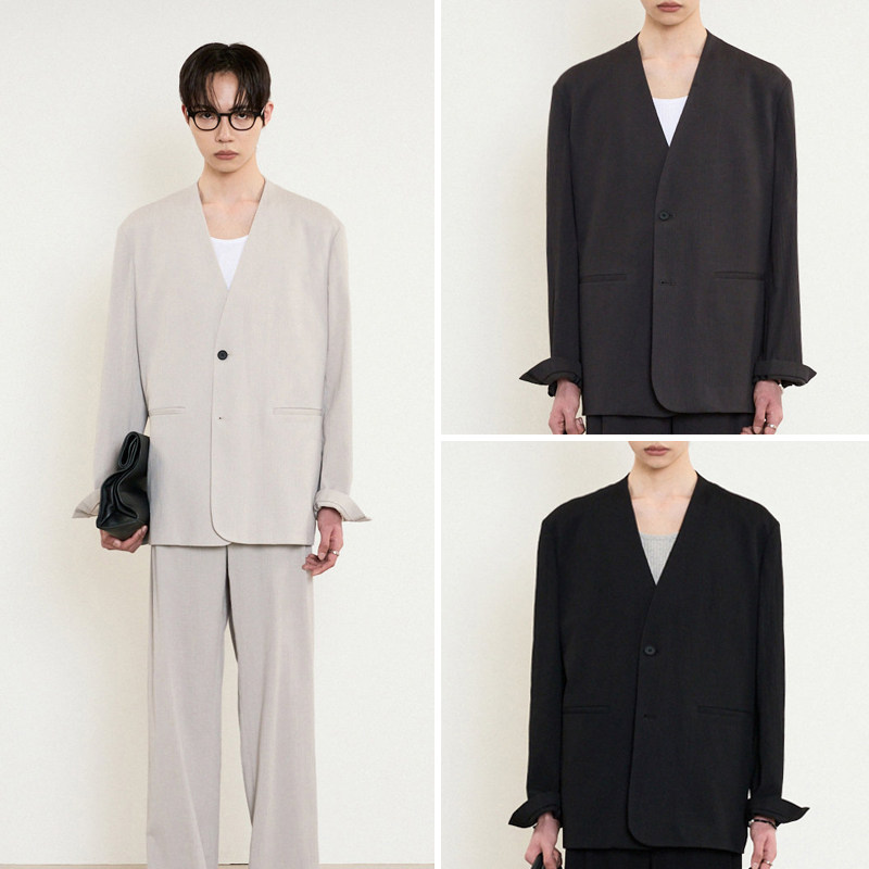 0520春季新款TNGT浅米色灰色V领棉质男士单排扣休闲西服外套3色