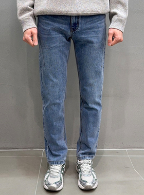 0322春款Liberclassy蓝色剪裁棉混纺修身休闲牛仔长裤男士