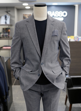 特价66折0520夏BASSO韩版蓝灰色男士羊毛混纺小格纹休闲西服套装