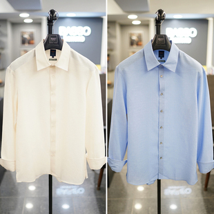 0325春BASSO天蓝色纯色COOL凉爽面料亚麻混纺弹性半宽松长袖 衬衣