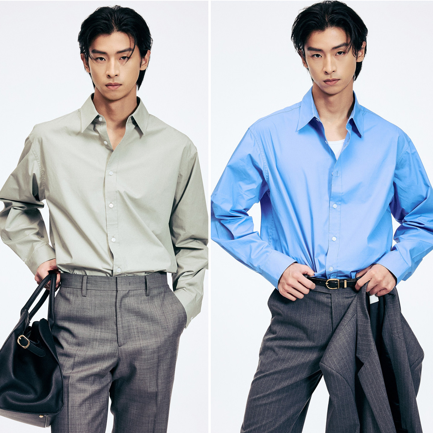 2026年春夏新款TNGT蓝色翻领纯色纯棉宽松商务休闲长袖衬衫男3色