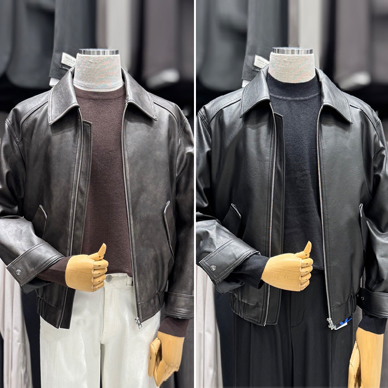 休闲翻领拉链仿皮夹克皮衣