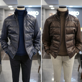 0130冬季新款BASSO棕色藏青色立领休闲羊皮拉链真皮鹅绒羽绒服Q