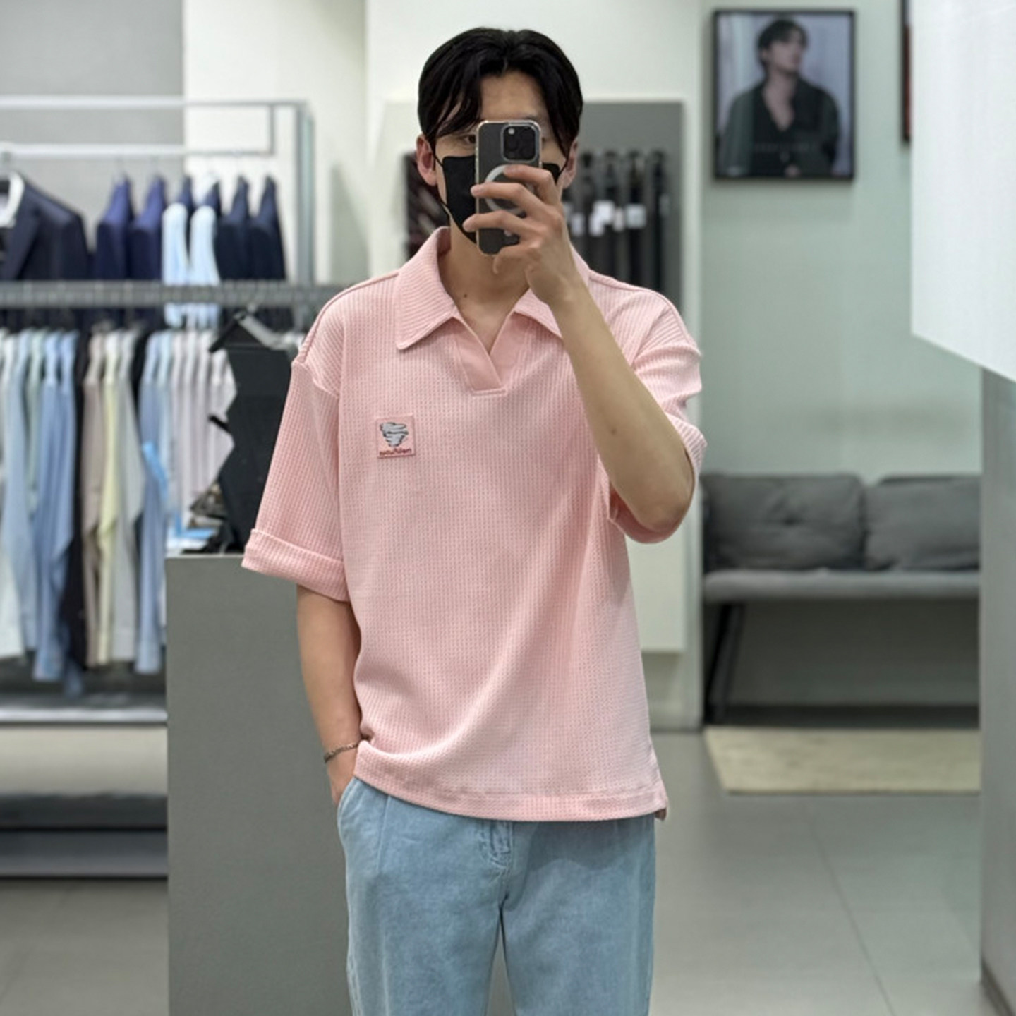 0520夏款Liberclassy粉色开领弹力小众设计翻领休闲短袖T恤