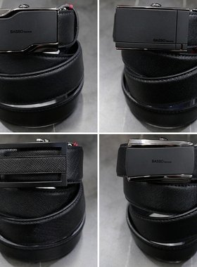 0130四季款BASSO黑色哑光黑银框自动扣牛皮腰带真皮皮带多款