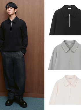 0101秋款Mind Bridge心桥黑色开口拉链翻领宽松休闲长袖T恤男式