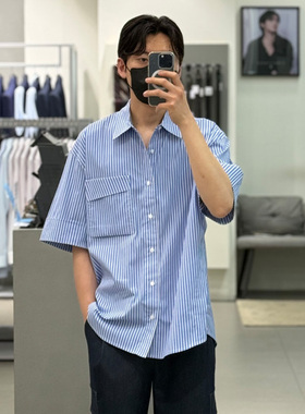 0322夏款Liberclassy韩版天蓝色条纹翻领口袋棉质休闲短袖衬衫