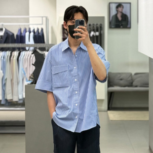 衬衫 天蓝色条纹翻领口袋棉质休闲短袖 Liberclassy韩版 0322夏款