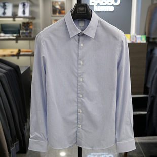 衬衣加大码 0325春BASSO蓝色细条纹棉质亚麻混合弹力弹性修身 长袖