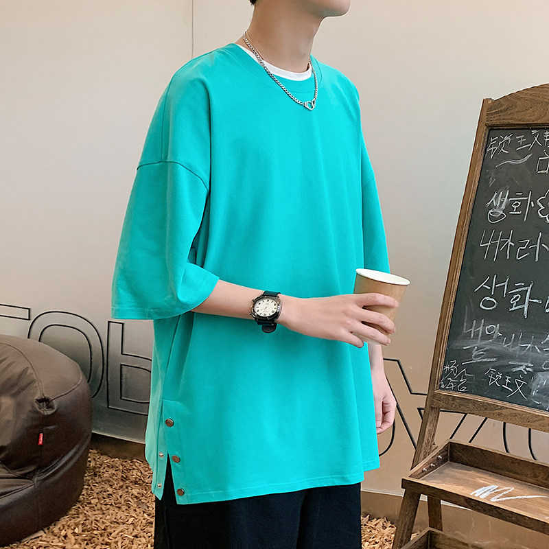 2025夏季糖果色男士排口短袖青少年流行宽松印花圆领T恤T8860-P40,男装T恤,电商A062