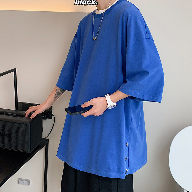 数据款22夏季糖果色男士排扣短袖青少年流行宽松圆领T恤T8860-P40图片