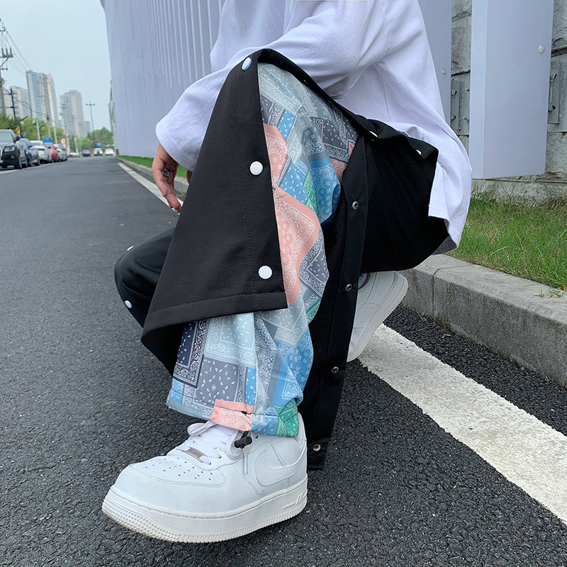 2025春款腰果花拼接排扣运动裤休闲裤宽松直筒阔腿开衩裤KK28-P45,女装休闲裤,电商A062