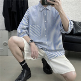 2025新款条纹短袖衬衫港风休闲宽松尖领上衣开衫夏季CS17-P40，男装T恤，电商A062