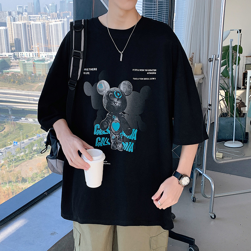 2025夏季潮男流行宽松T恤趣味卡通纯棉印花短袖青少年T88119-P35,男装T恤,电商A062