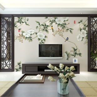新中式 山水墙布沙发电视背景墙壁纸卧室客厅花鸟无缝装 饰墙纸壁画