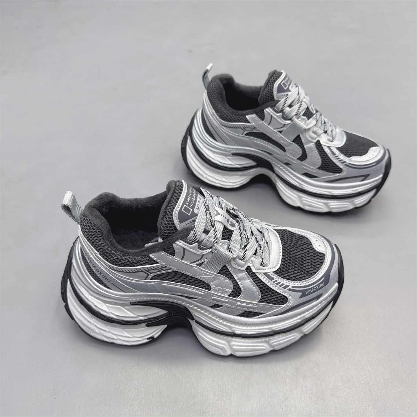 增高6cm厚底系带加绒保暖老爹鞋