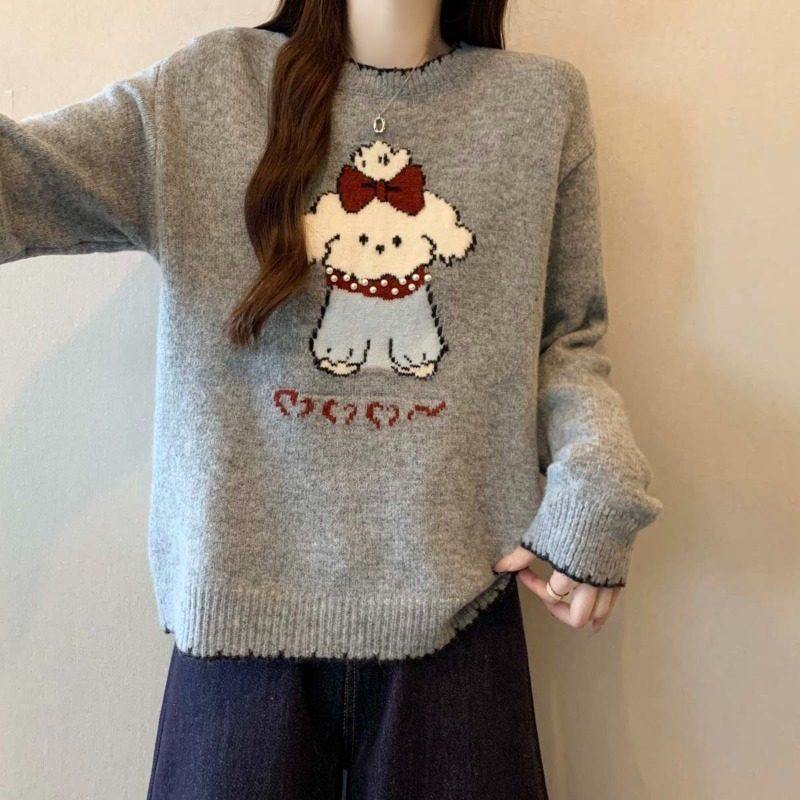 灰色钉珠小狗正肩针织毛衣女2025秋冬季新款大码胖mm韩系减龄上衣