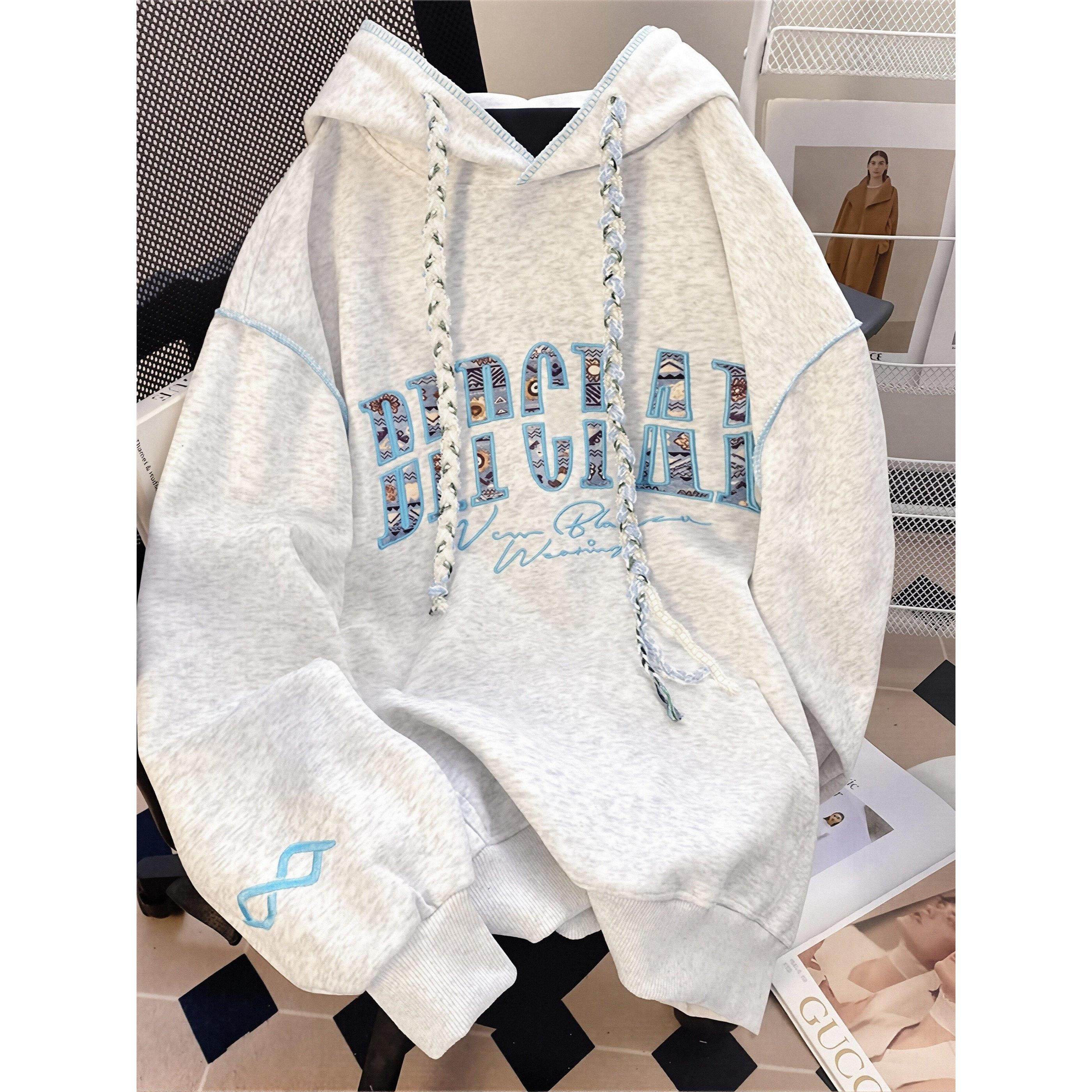 字母刺绣潮牌连帽卫衣女秋冬加绒加厚宽松休闲设计感小众美式外套