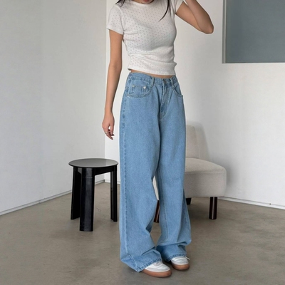 韩国东大门26春LABOR正品松紧腰宽松显瘦阔腿裤长裤直筒牛仔裤432