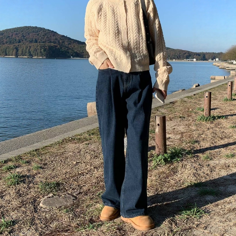 韩国正品25冬加绒PI2松紧腰宽松显瘦阔腿裤加厚长款直筒牛仔裤891