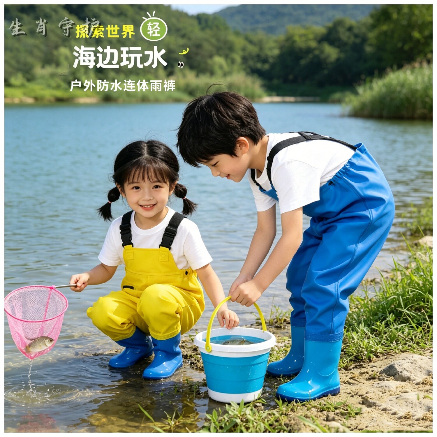 儿童防水雨裤薄款户外涉水玩水背带连体雨衣男女童透气PVC抓鱼服