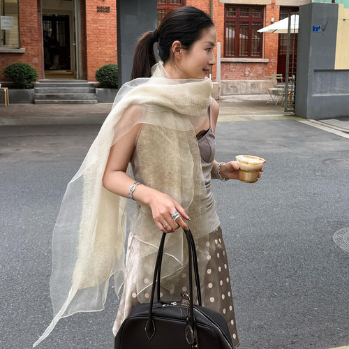日本maito双层欧根纱丝巾女夏薄款防晒文艺棉麻围巾亚麻透明纱巾