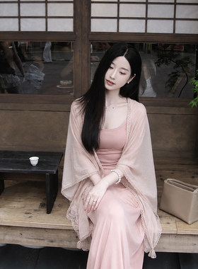 棉麻蕾丝粉色薄款披肩女外搭2026新款百搭开衫外套