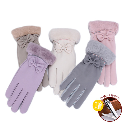 热人花女士冬季手套加绒加厚保暖手套蝴蝶结手套12010
