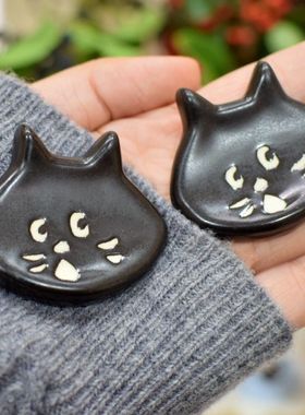 日dan Net猫黑色小猫头筷子架 惊讶表情猫可爱筷子托猫咪陶瓷筷枕