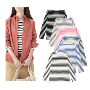 一字领长袖 文艺日系无印经典 厚T恤上衣女 秋季 原宿条纹纯棉打底衫