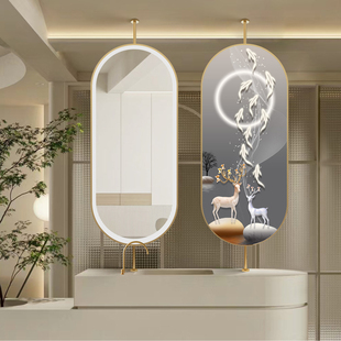 悬空吊镜椭圆形天花板悬挂艺术悬浮镜洗手台梳妆台装 饰隔断镜子