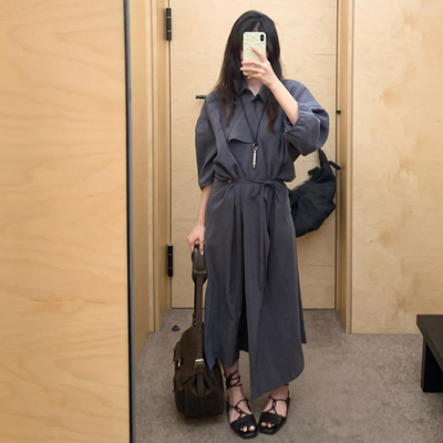 春夏韩国设计师lem*琉璃蓝翻领排扣腰绳衬衫连衣裙女高货真丝长裙