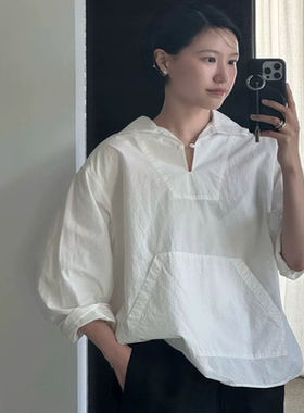 春夏韩国设计师nothing wr*白色休闲翻领插兜长袖衬衫女防晒衬衣