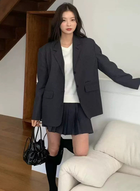 2025春秋韩国设计师an*u名媛风黑灰色经典简约质感西服西装女外套