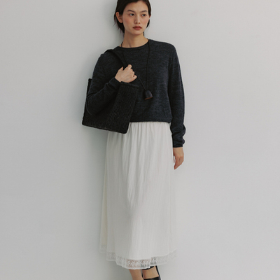 25夏季韩国设计师气质百搭白色松紧腰蕾丝边半身裙女轻薄凉快长裙