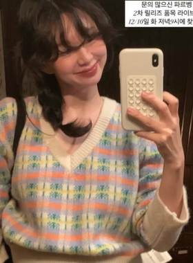 秋冬韩国设计师far*en气质甜美V领绿色格纹羊毛针织衫女毛衣上衣