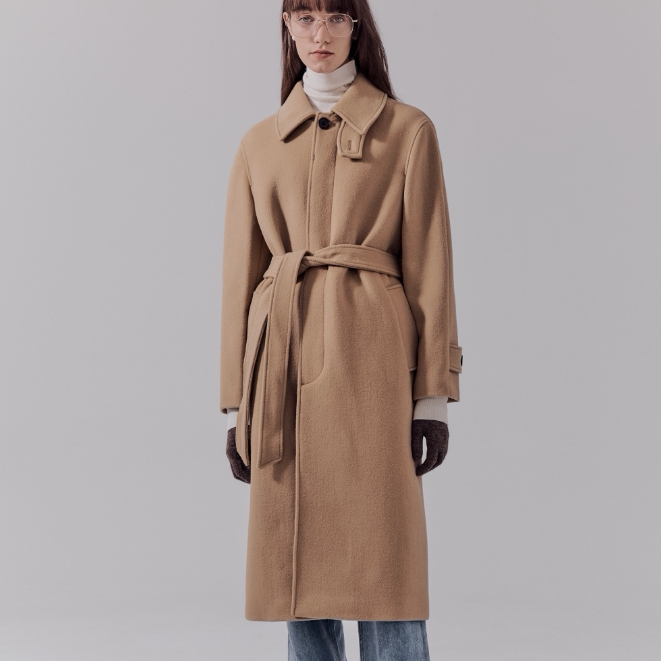 25冬季韩国设计师du*st蜂蜜色翻领系腰带羊毛大衣女保暖中长外套