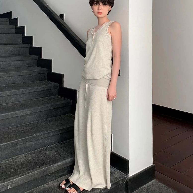 夏韩国设计师mon*车静媛同款华夫格针织背心+松紧腰半身裙女套装