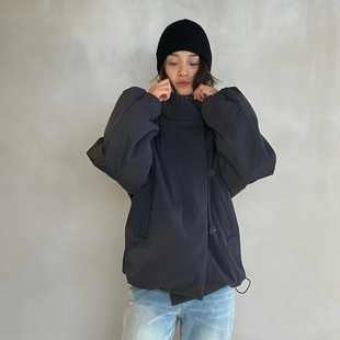 雾面哑光质感防泼水宽松棉服女A字版型交叠立领落肩袖保暖外套