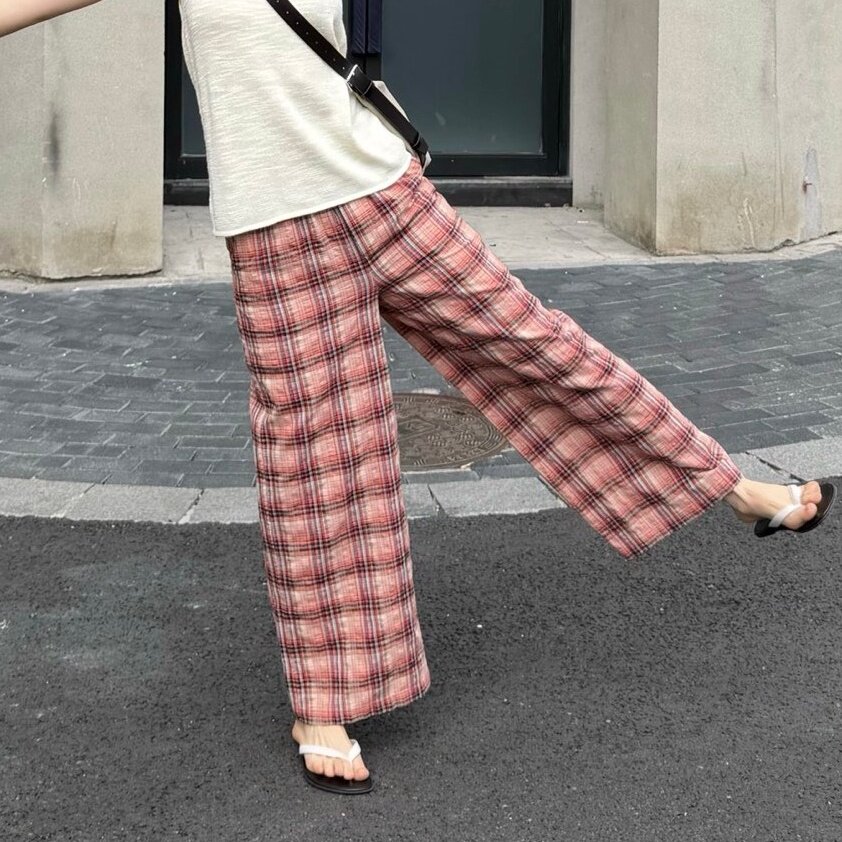 温柔复古苏格兰格纹亚麻阔腿裤女高腰宽松直筒长裤轻薄棉麻休闲裤