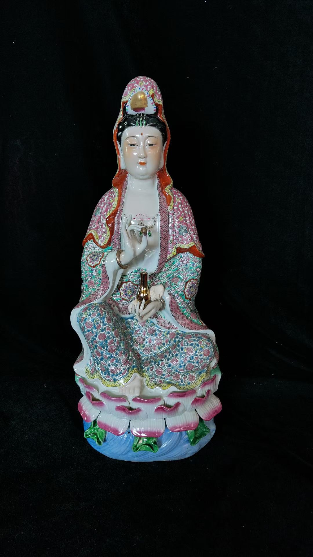 景德镇陶瓷器粉彩佛像雕塑仿古大中小号坐莲观音菩萨玄关客厅摆件
