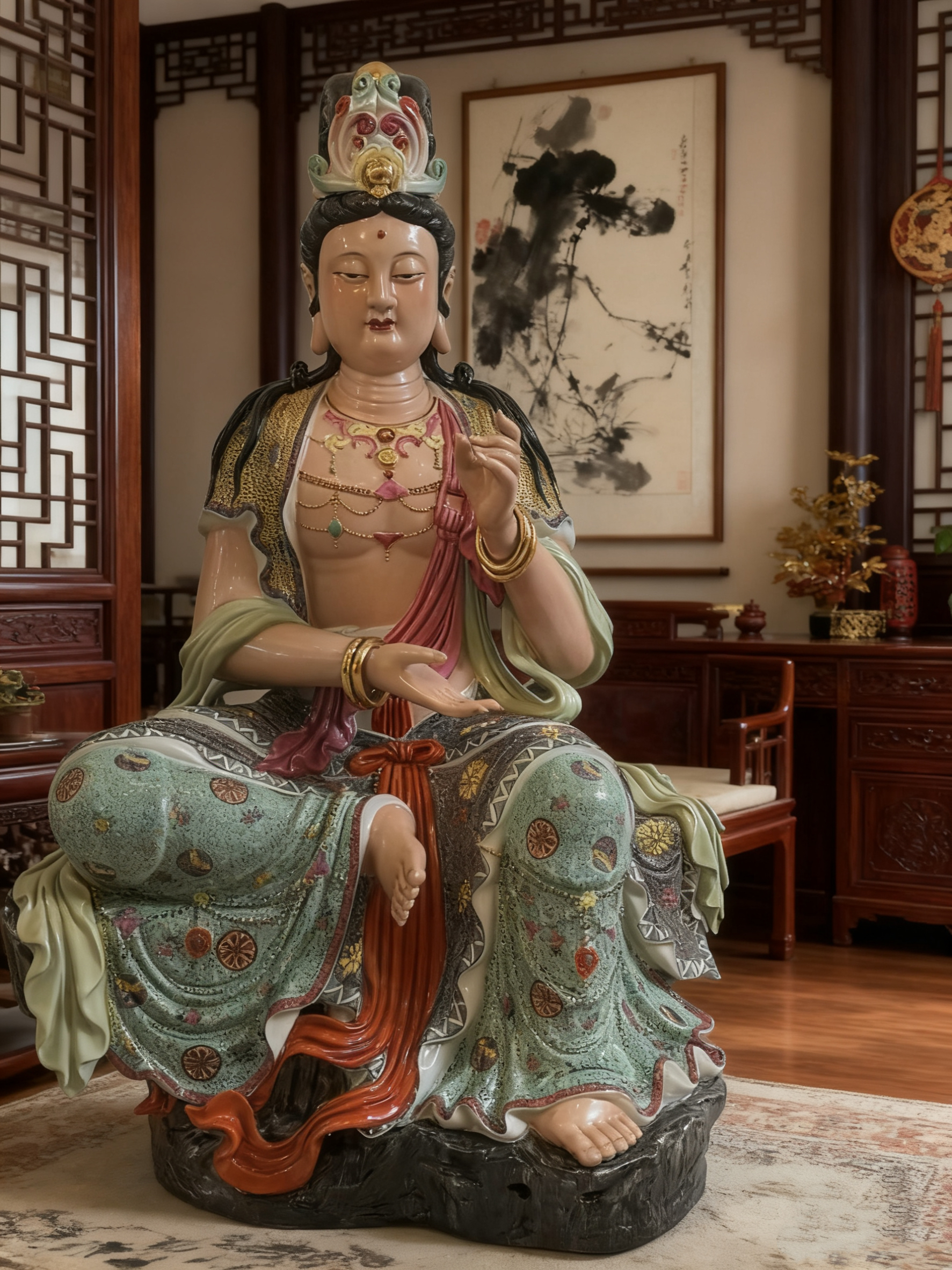 景德镇陶瓷观音菩萨家用供奉观音佛像坐石自在观世音佛像摆件90cm